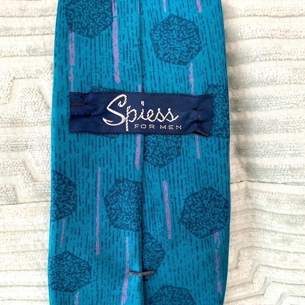 80’s Spiess Mens Tie. Bold in Color w/Teal/Blue Design and Pink Stripe Accents.